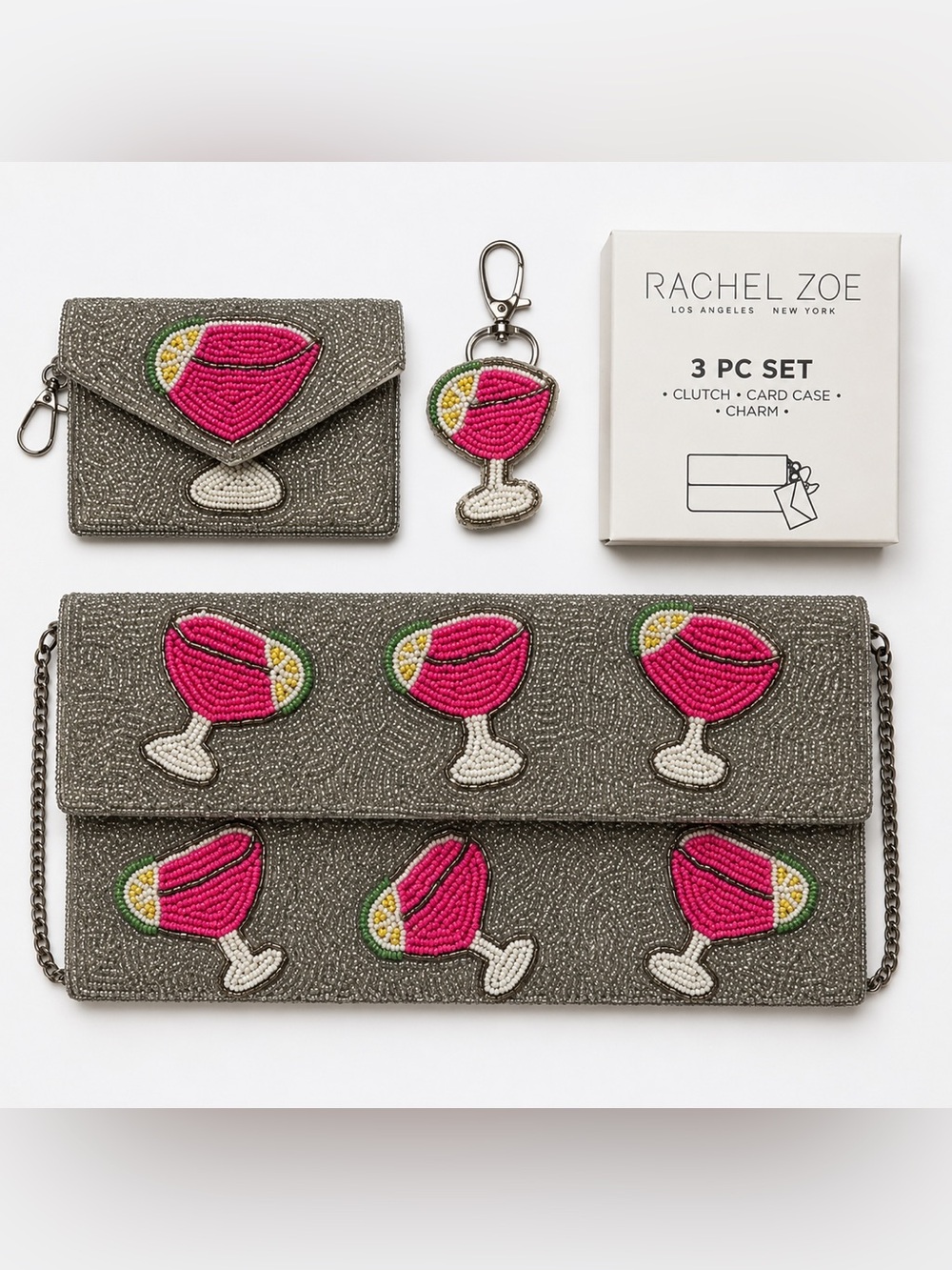 Rachel Zoe NWT Pink Silver Margarita Beaded 3 PC Set Clutch Card Case Charm